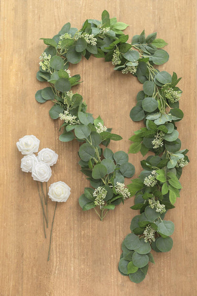 Seeded Eucalyptus and Rose Leaf Garland 6.5FT with 5pcs Roses - lingsDev