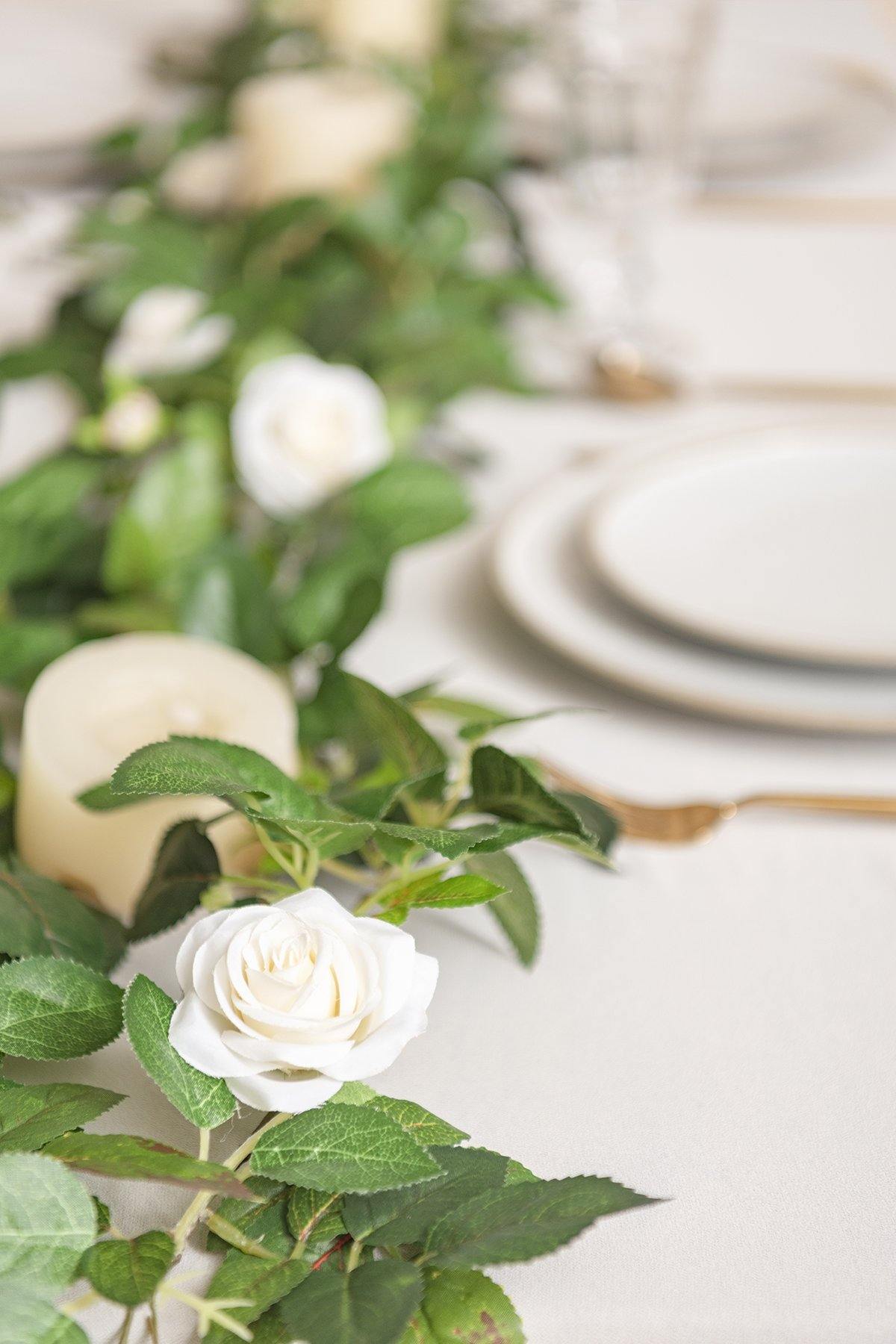 Rose Leaf Greenery Garland with Mini Roses 6.5FT (Set of 2) - Ivory - lingsDev