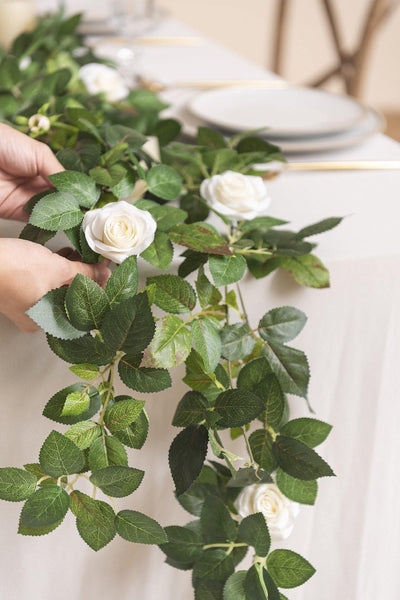 Rose Leaf Greenery Garland with Mini Roses 6.5FT (Set of 2) - Ivory - lingsDev