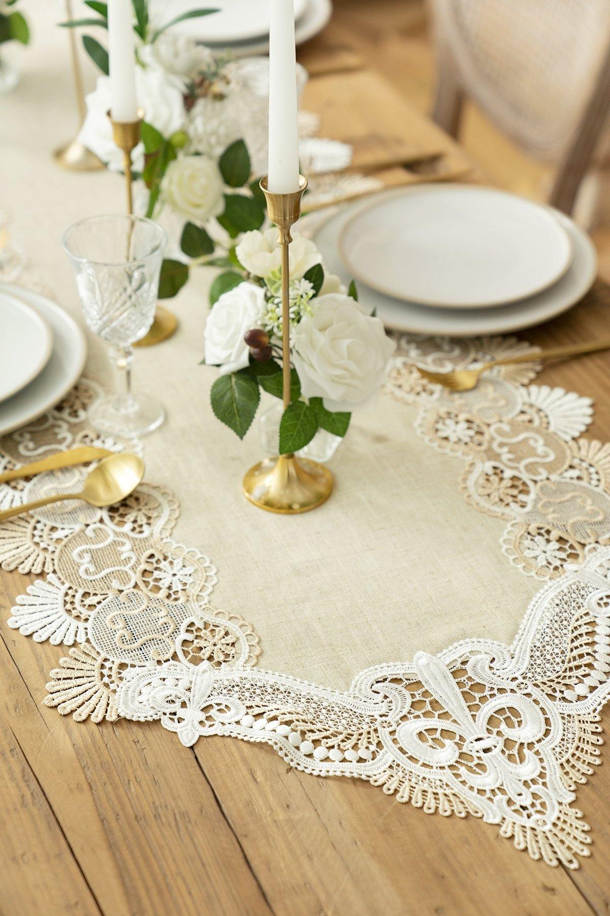 Embroidery Flax Burlap Table Runner 12"w x 6FT - Beige - lingsDev