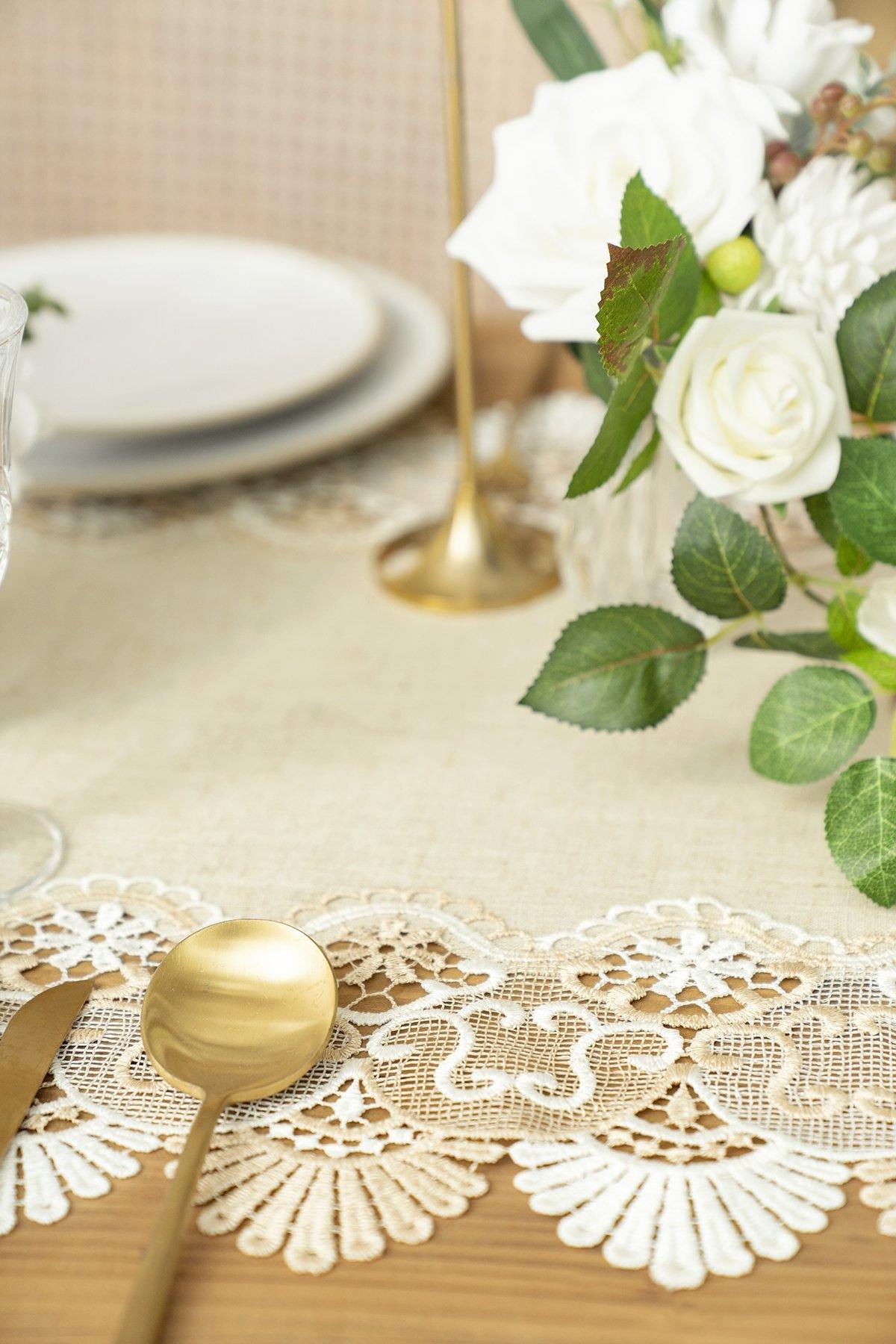 Embroidery Flax Burlap Table Runner 12"w x 6FT - Beige - lingsDev