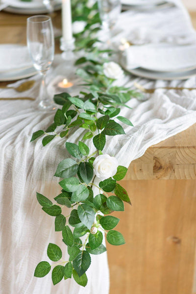 Rose Leaf Greenery Garland with Mini Roses 6.5FT (Set of 2) - Ivory - lingsDev