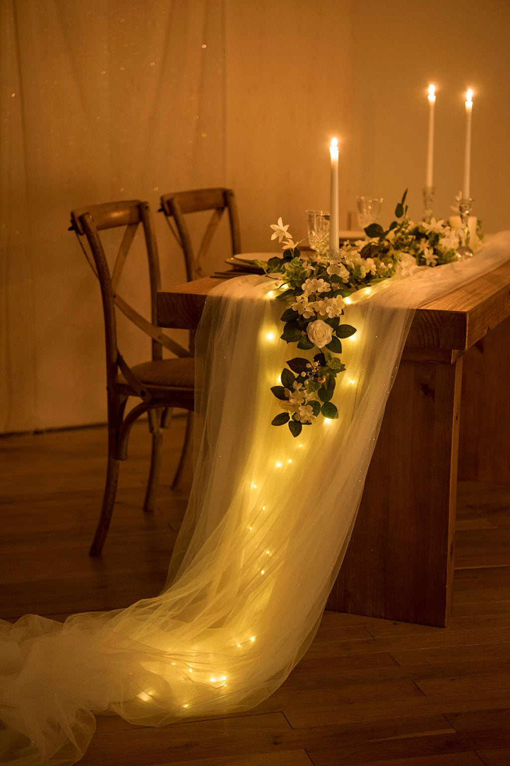 30 x 195 Inch Tulle Table Runner with Light String (16FT, Shimmer White) - lingsDev