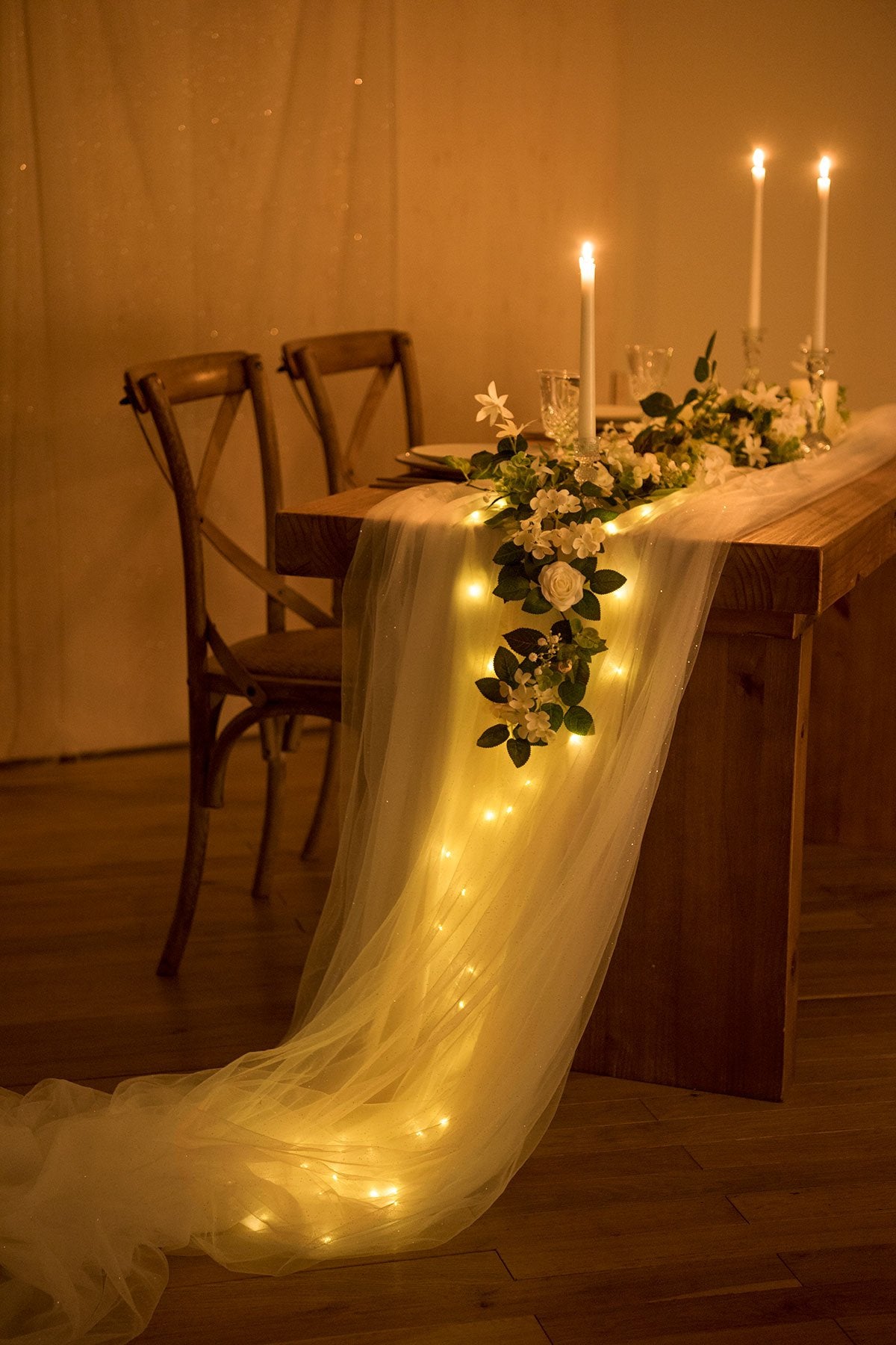30 x 195 Inch Tulle Table Runner with Light String (16FT, Shimmer White) - lingsDev