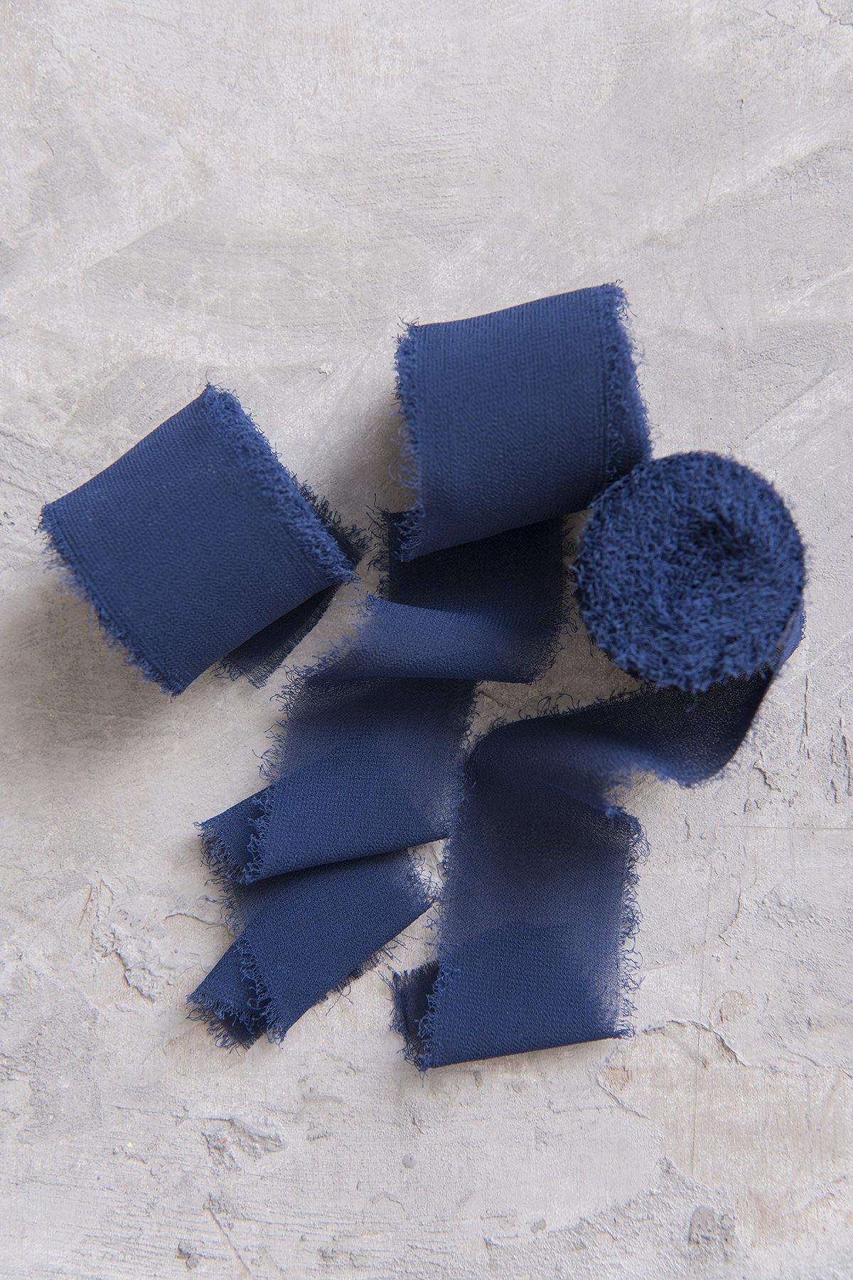 1.5"w x 6 Yards Frayed Edge Chiffon Ribbon (Set of 3) - Burgundy & Navy Blue - lingsDev