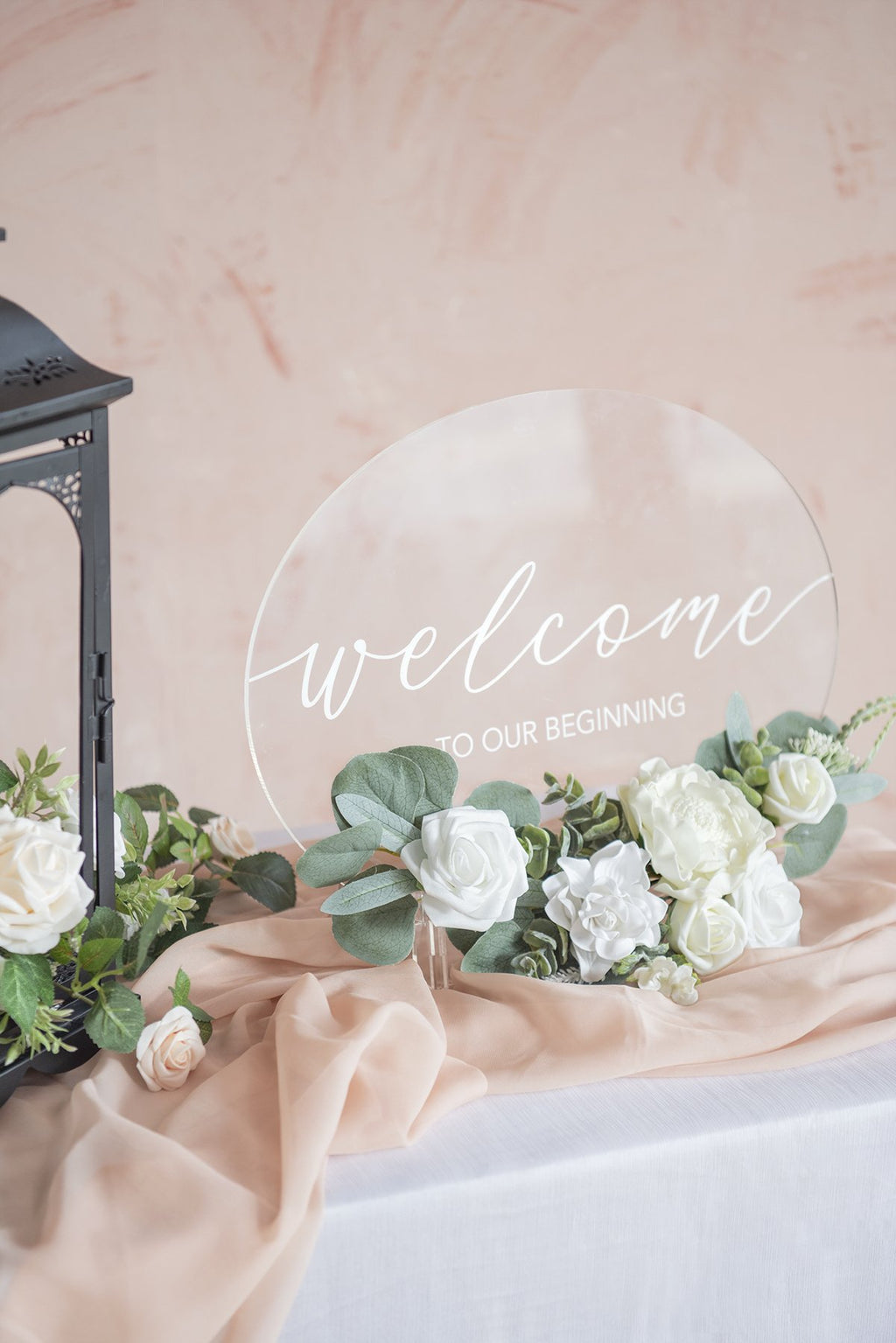 Acrylic Welcome Sign with Flower Swag - White - lingsDev