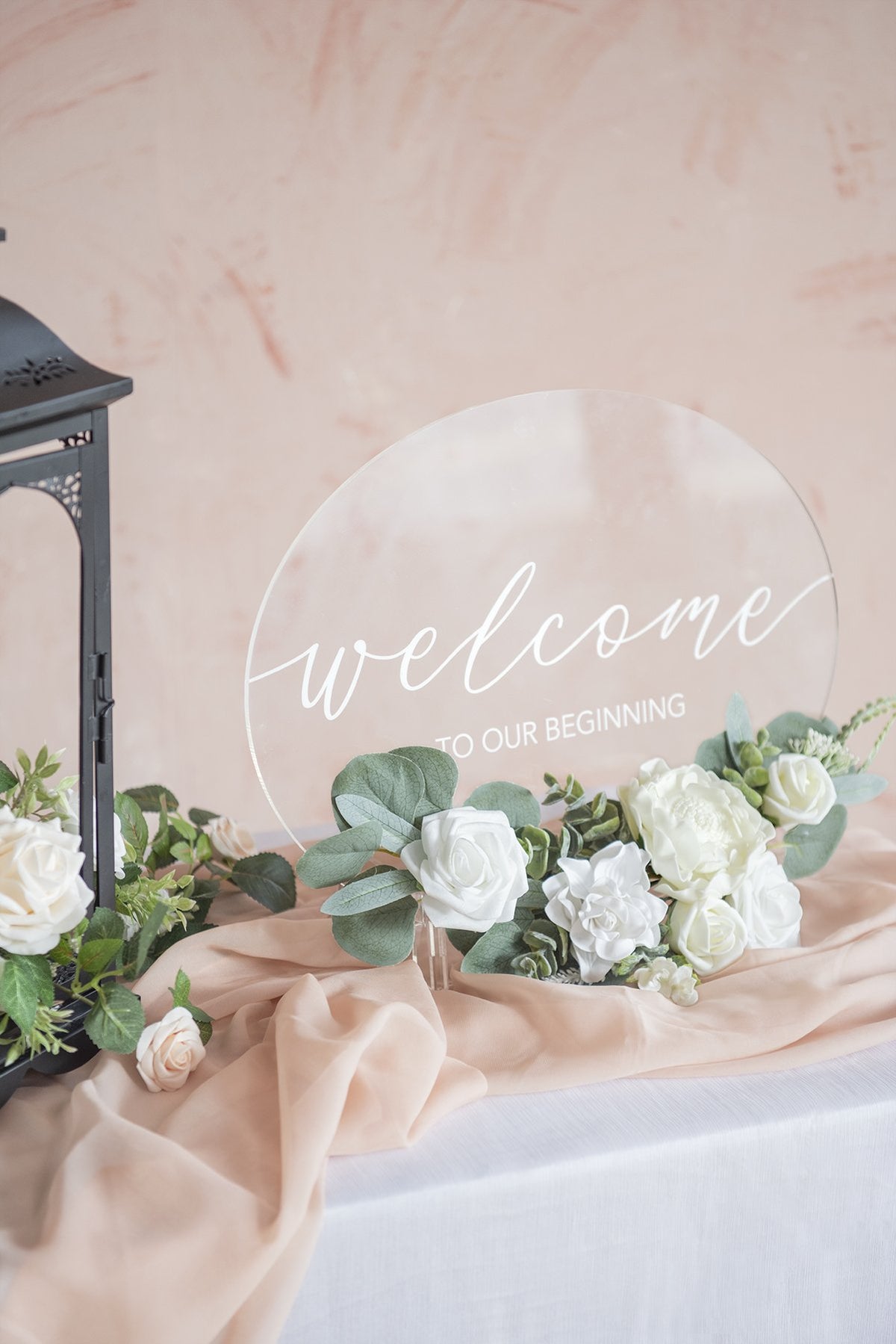 Acrylic Welcome Sign with Flower Swag - White - lingsDev
