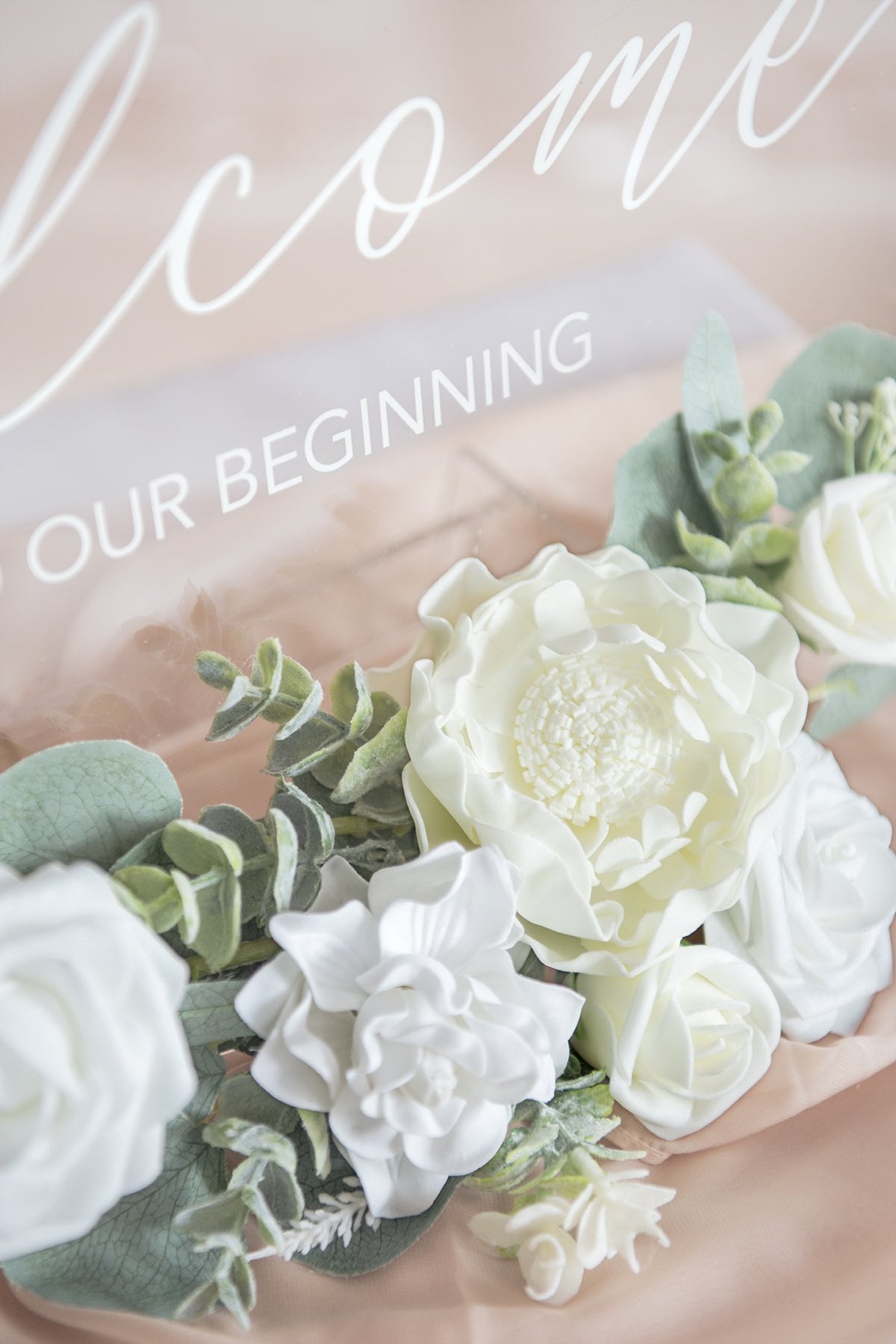 Acrylic Welcome Sign with Flower Swag - White - lingsDev