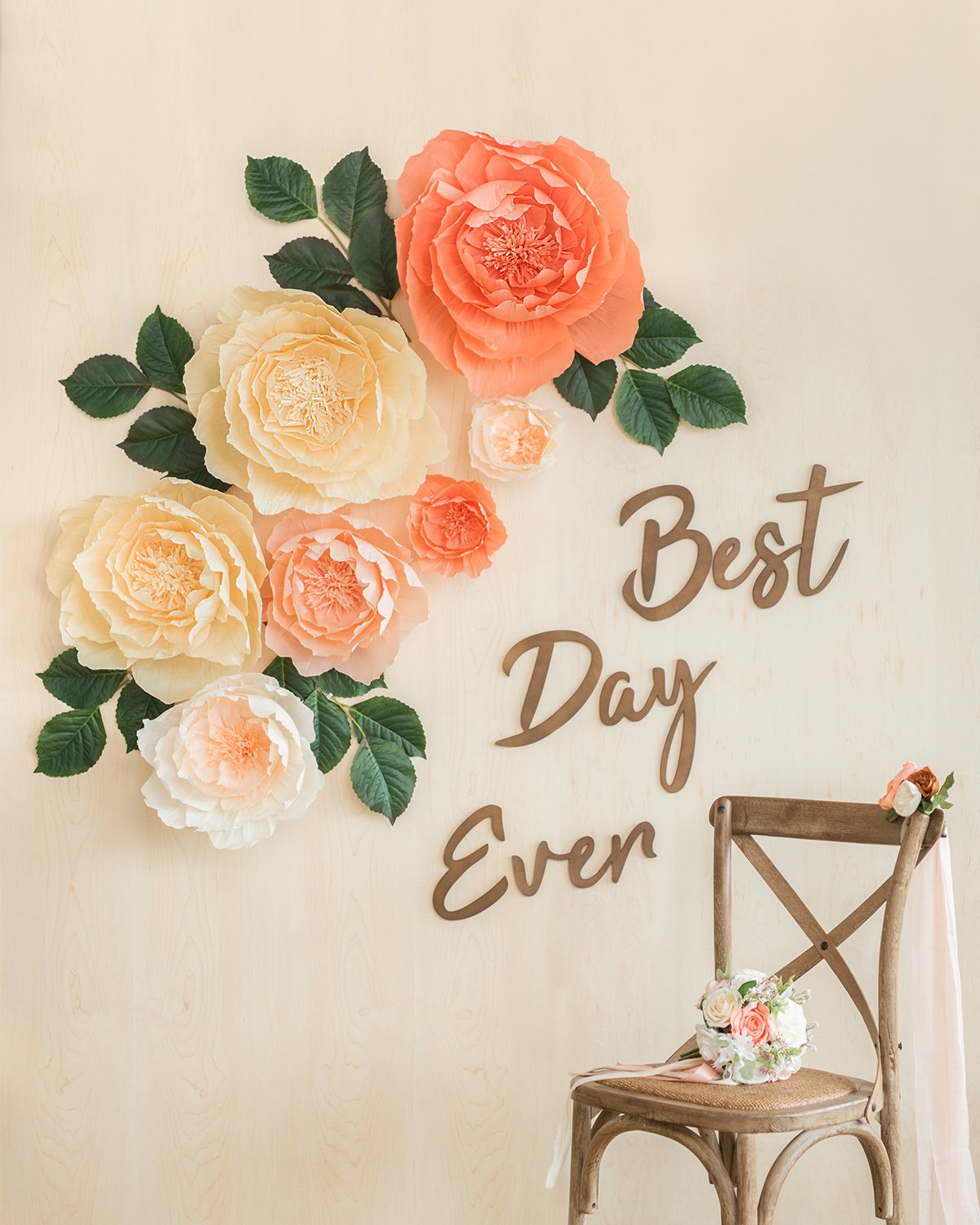 7pcs Extra Crepe Paper Flowers with Green Leaves - Coral & Peach - lingsDev