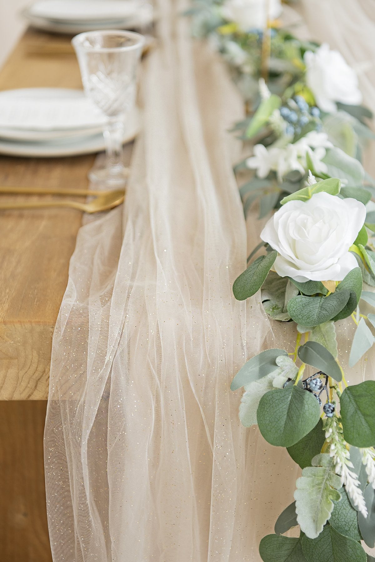30 x 195 Inch Extra Long Tulle Table Runner (16FT, Shimmer White) - lingsDev